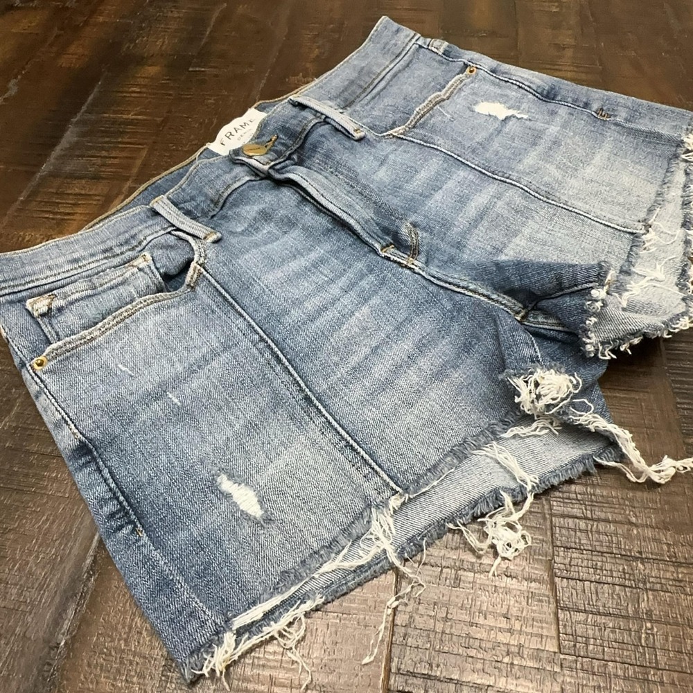 FRAME Le Cutoff Denim Shorts Womens 27 Blue Distressed Frayed Sandpiper